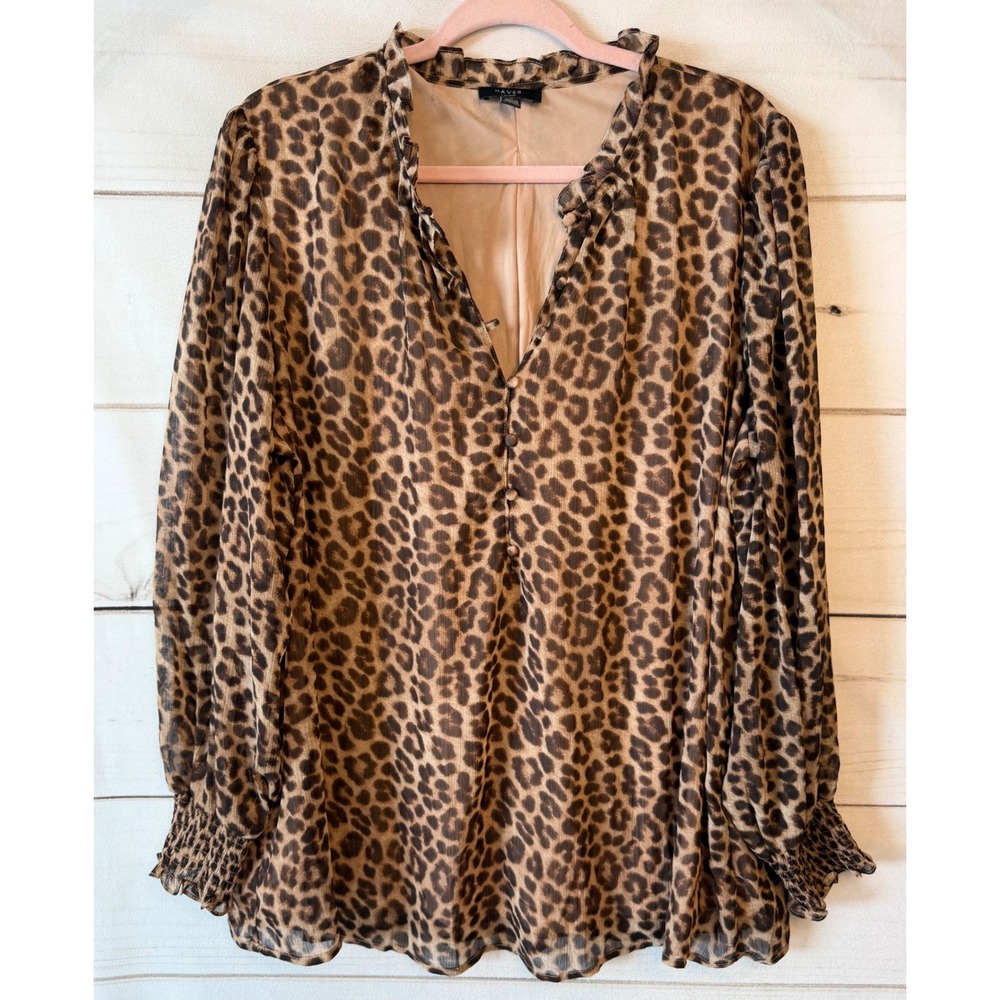 HAVER London Leopard Print Ruffle Neck Blouse Brown 1X Smocked Cuff Top